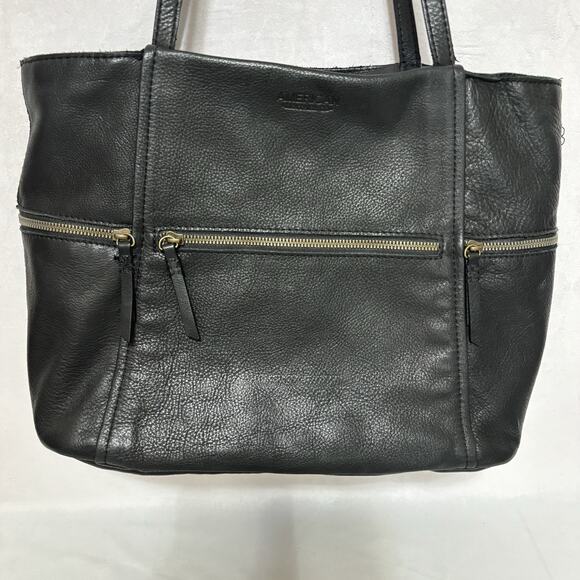 AMERICAN LEATHER CO Zipper Pockets Black Leather Tote Bag Shoulder Purse